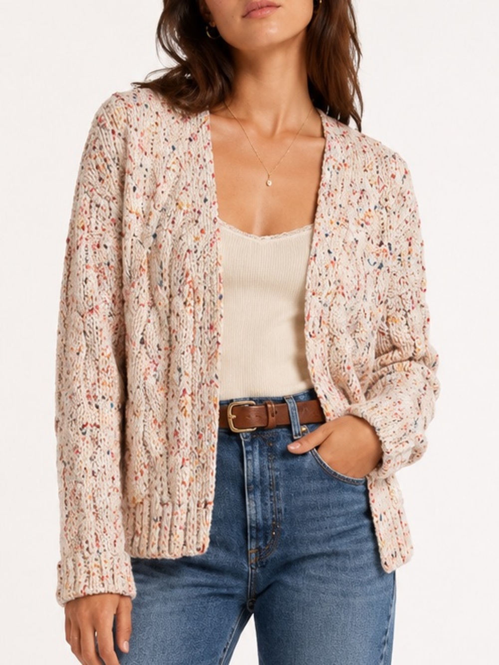Moon & Madison Confetti Cable Knit Open Front Cardigan Sweater Medium